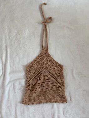 Zara Crochet Halter Tank Top in Camel